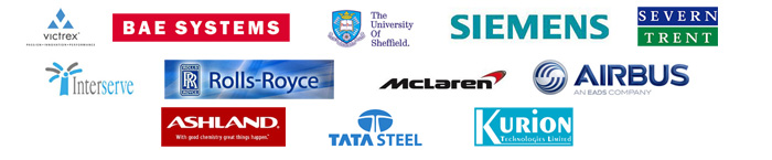 Clients include: Victrex, BAE Systems, The University of Sheffield, Siemens, Severn Trent, Interserve, Rolls Royce, McLaren, Airbus, Ashland, Kurion, Tata Steels.